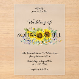 Invitación acrílica boda de la acuarela de girasol