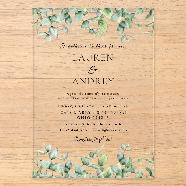Invitación Acrílica Botánica de Boda Greenery (Anverso)