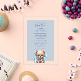 Invitación acrílica de Baby Shower azul Teddy Bear