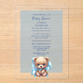 Invitación acrílica de Baby Shower azul Teddy Bear