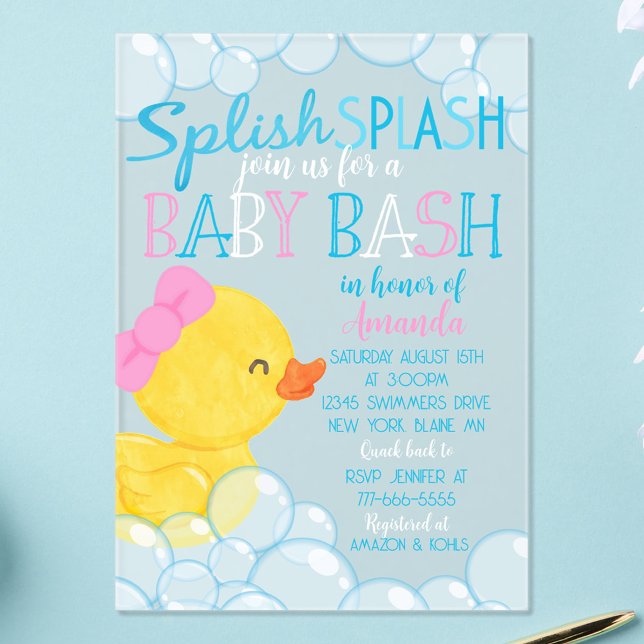Invitación acrílica de Baby Shower de pato chica (Girl Watercolor Rubber Duck Baby Shower Frosted Acrylic Invitations with Pink Bow)
