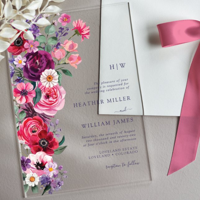 Invitación Acrílica de Boda con Floral en Negrita (Bold Watercolor Floral Monogrammed Wedding Acrylic Invitation by Painted Paperie
)