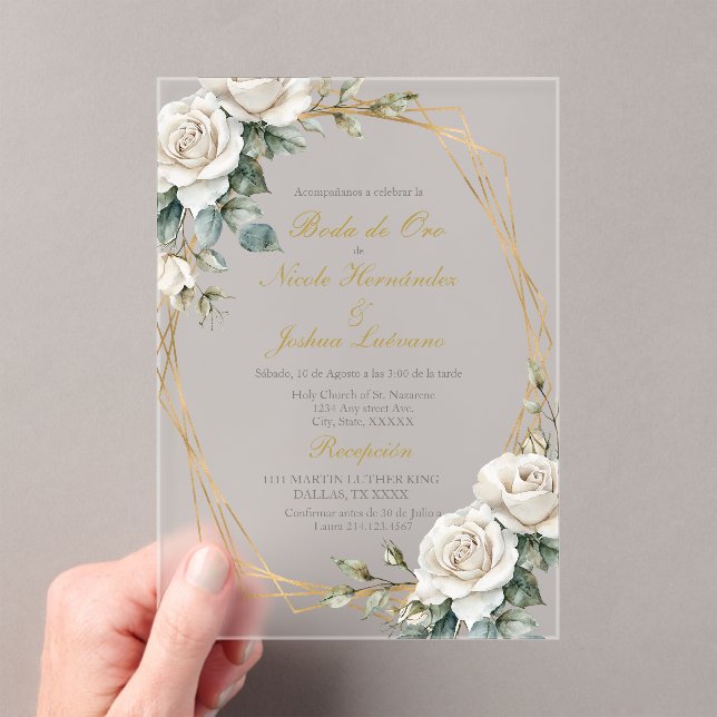 Invitación acrílica de boda de oro con rosa blanca (Insitu (portátil))