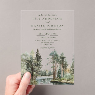 Invitación Acrílica de Boda en Lago de Bosque de M