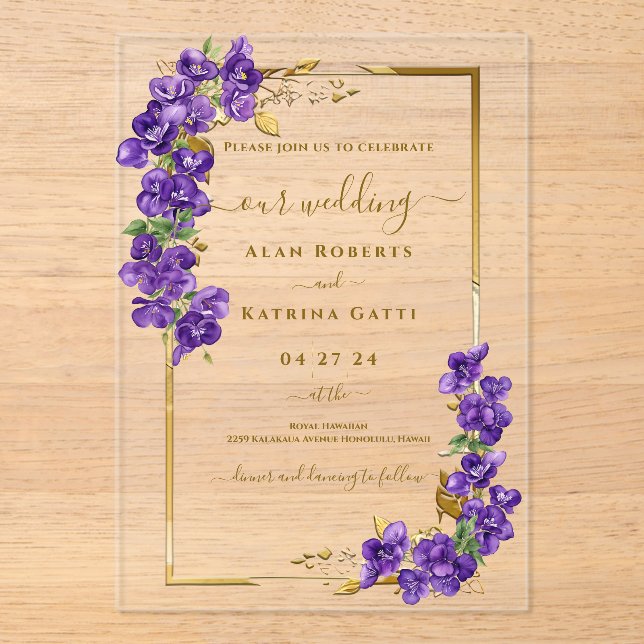 Invitación Acrílica de Boda Floral Violeta Dorado (Anverso)