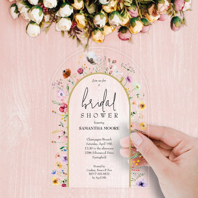 Invitación acrílica de flores silvestres (Wildflowers bridal shower arch-top acrylic invitations - order clear or frosted)
