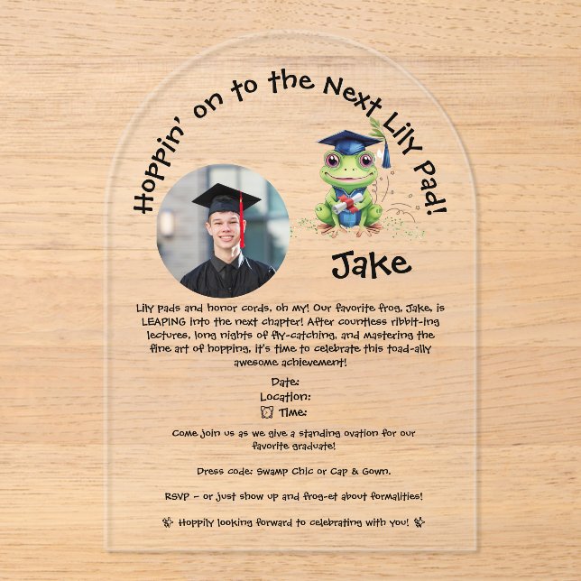 Invitación acrílica de Graduación de Rana Divertid (Anverso)