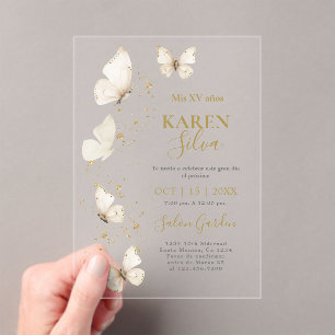 Invitación acrílica de la mariposa beige Quinceañe