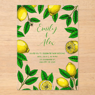 Invitación acrílica de limón amarillo y vegetación