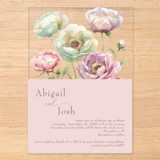 Invitación Acrílica de Peonías Florales Rosadas (Anverso)