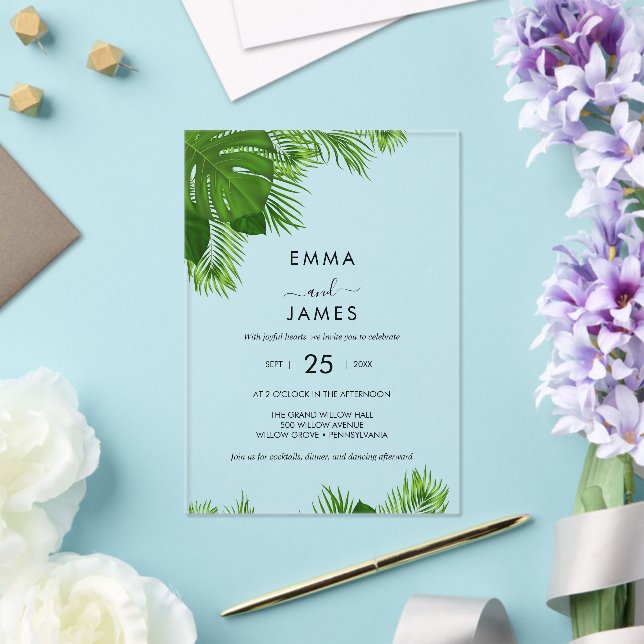 Invitación Acrílica de Playa Tropical de Palma (Insitu (Boda))