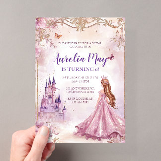 Invitación Acrílica de Princesa Niñas Rosa Dorado