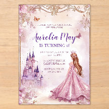 Invitación Acrílica de Princesa Niñas Rosa Dorado