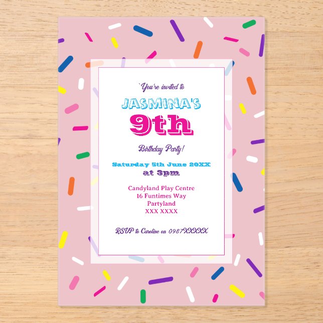 Invitación Acrílica de Purpurina Rosa Pastel (Anverso)
