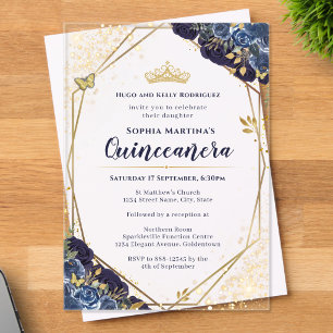 Invitación acrílica de Quinceañera azul marino y d