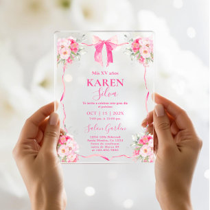 Invitación Acrílica de Quinceañera con Lazo Rosa F