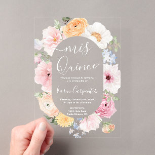 Invitación Acrílica de Quinceañera Floral Rosa