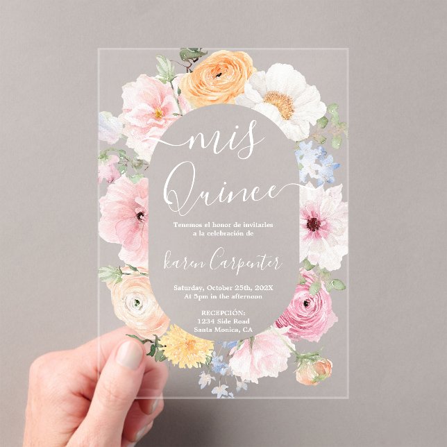 Invitación acrílica de Quinceanera floral rosa (Insitu (portátil))