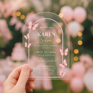 Invitación Acrílica de Quinceañera Mariposa Rosa