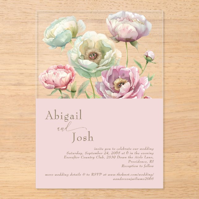 Invitación acrílica de Rubor Floral Peonies (Anverso)