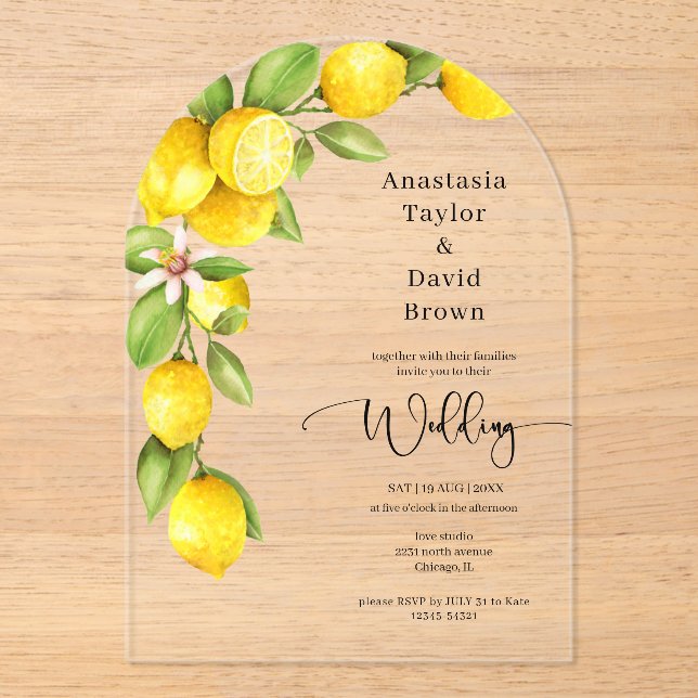 Invitación acrílica del Boda del limón amarillo (Anverso)