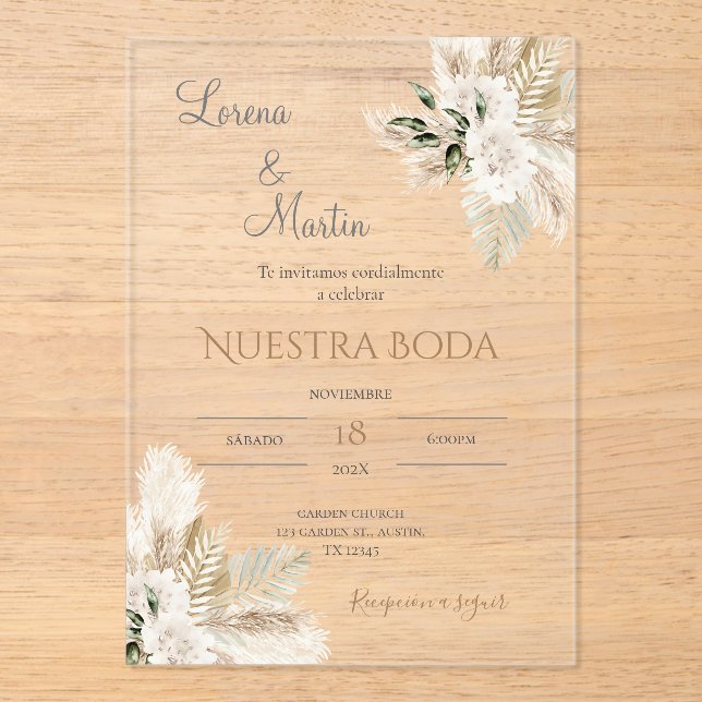 Invitación acrílica del Boda español Boho (Anverso)