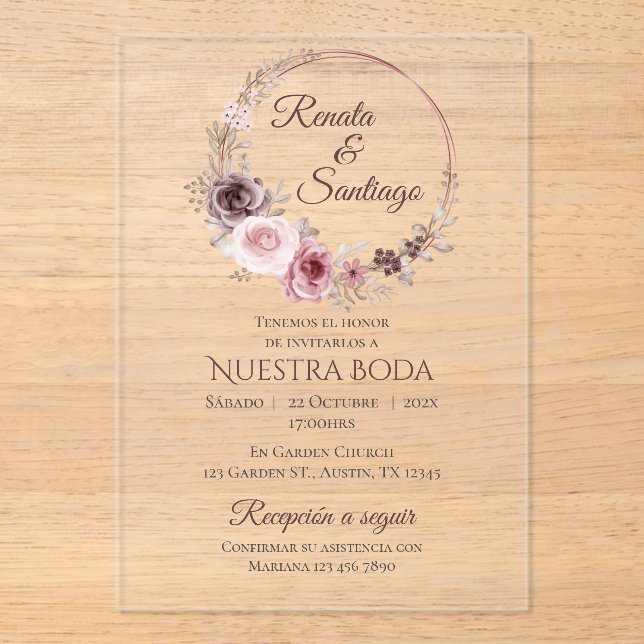 Invitación acrílica del Boda español Boho (Anverso)