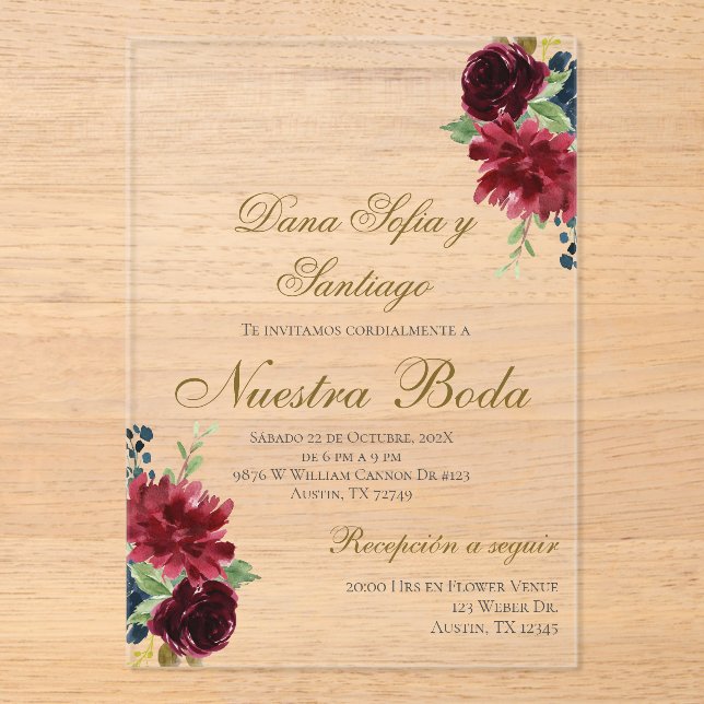 Invitación acrílica del Boda español de Borgoña (Anverso)