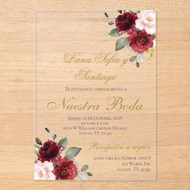 Invitación acrílica del Boda español de Borgoña (Anverso)