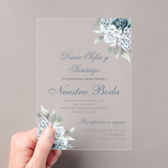 Invitación acrílica del Boda español Dusty Blue (Insitu (portátil))