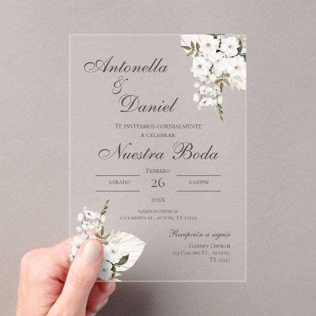 Invitación acrílica del boda floral blanco español (Insitu (portátil))