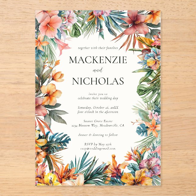 Invitación acrílica del Boda floral tropical Boho (Anverso)
