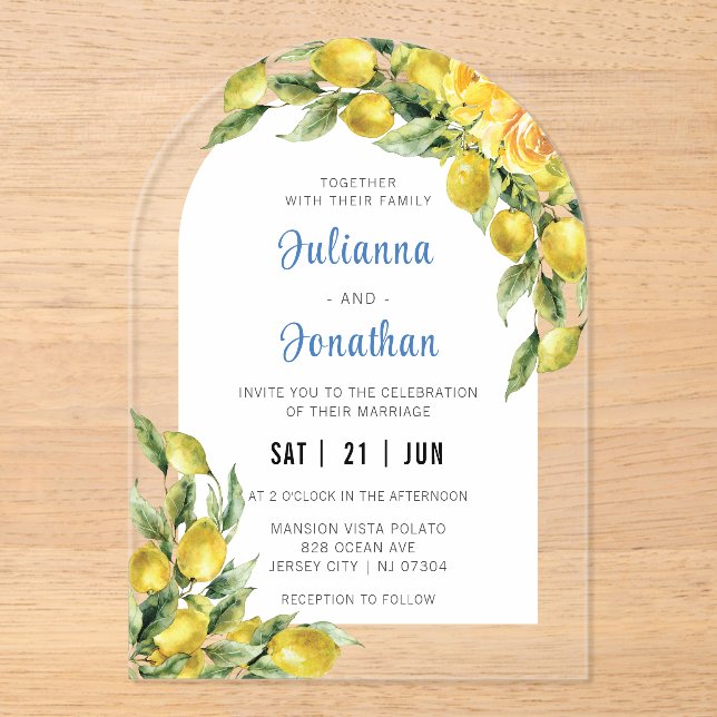 Invitación acrílica del Boda limón italiano (Anverso)