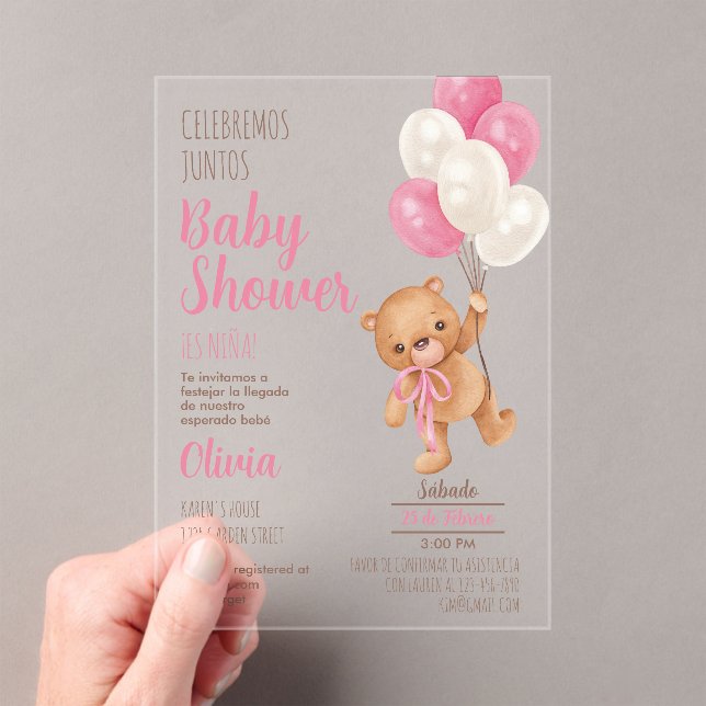 Invitación acrílica del Chica Baby Shower Teddy Be (Insitu (portátil))