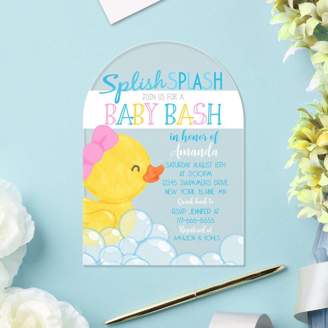 Invitación acrílica del chica Rubber Ducky Baby Sh (Girl Rubber Duck Unique Acrylic Baby Shower Invite)
