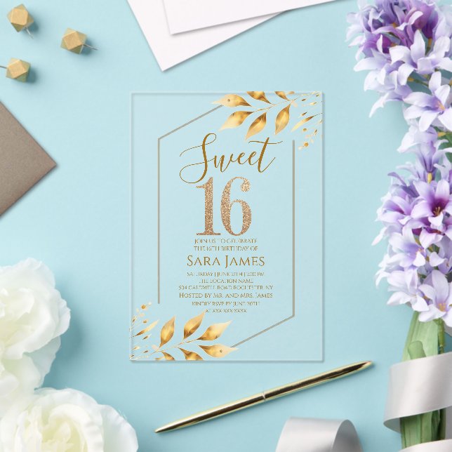 Invitación Acrílica Geométrica Dorada para Sweet 1 (Insitu (Boda))