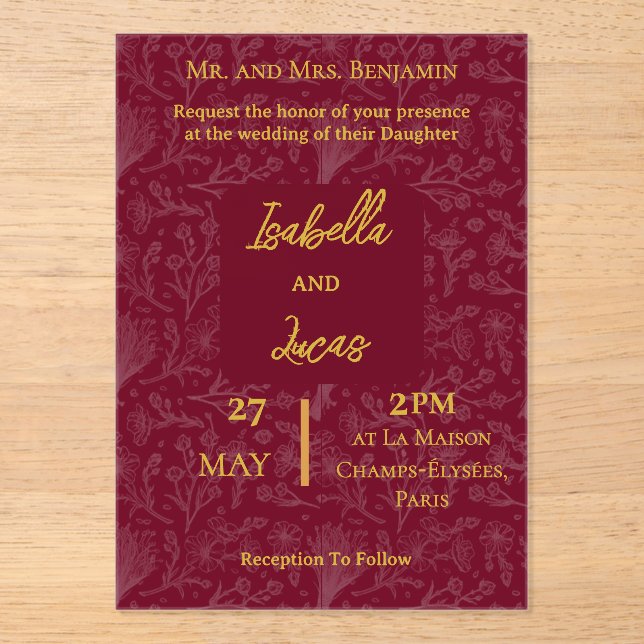 Invitación Acrílica Granate Real Personalizable (Anverso)