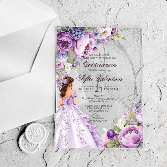 Invitación Acrílica Morada Plateada para Quinceañe (Soft Purple Silver Quinceanera Invitation)