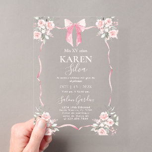 Invitación acrílica Quinceañera con lazo rosa