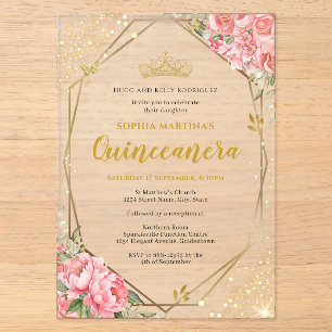 Invitación Acrílica Quinceañera Rosa Rosa