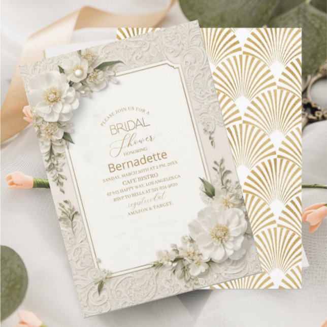 Invitación Acrílico 3D flores blancas  dorado  Despedida de s (Subido por el creador)