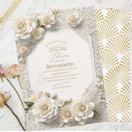 Invitación Acrílico 3D flores blancas oro Desayuno de novia