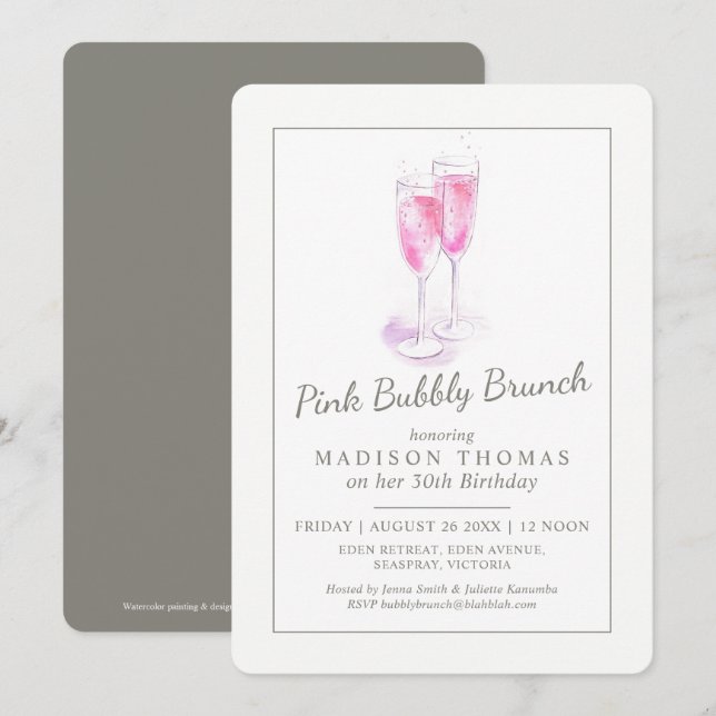 Invitación Acto de burbujas de champán de brunch rosa (Anverso / Reverso)