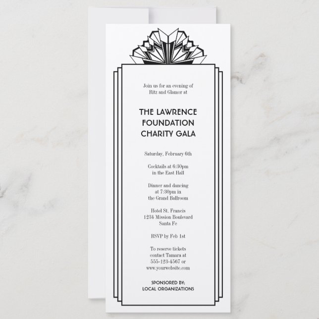 Invitación Acto formal de glamour de cuadros negros Art Déco (Anverso)