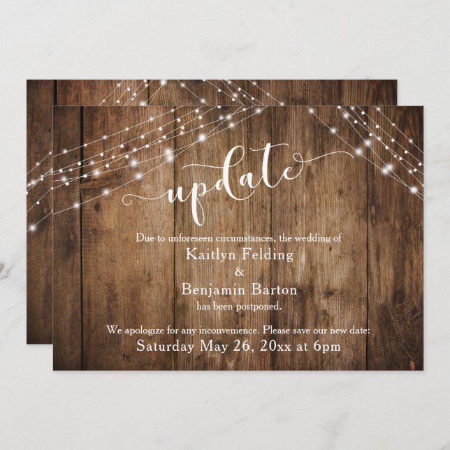 Invitación Actualización Boda pospuesta, madera y luces rusti (Anverso / Reverso)