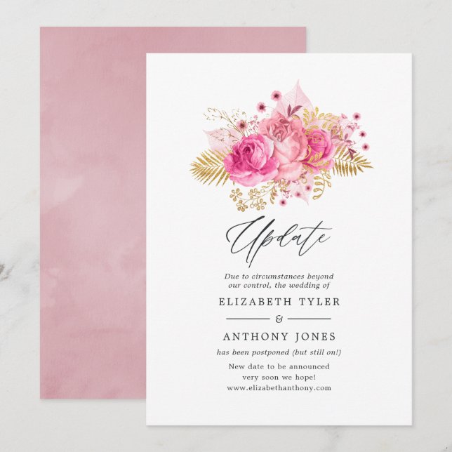 Invitación Actualización de Boda de Rosas rosados y dorados (Anverso / Reverso)