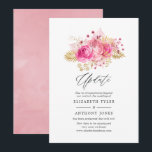 Invitación Actualización de Boda de Rosas rosados y dorados<br><div class="desc">Rosas rosas rosas rosas y purpurina dorado tropical follaje pospuso la invitación a la boda.</div>