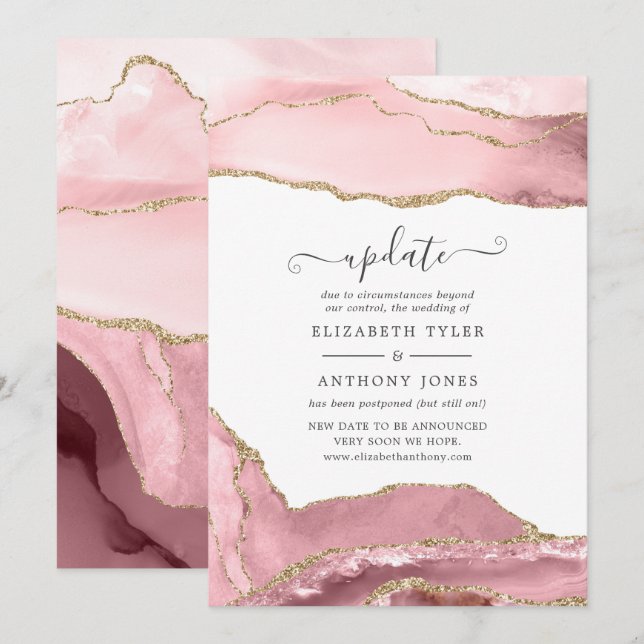 Invitación Actualización de Boda de Rubor y Gold Agate (Anverso / Reverso)