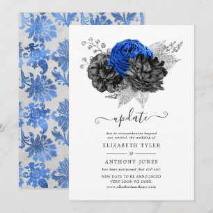Invitación Actualización de boda floral azul real, negro y pl