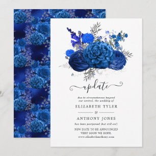 Invitación Actualización de boda floral azul real y plata